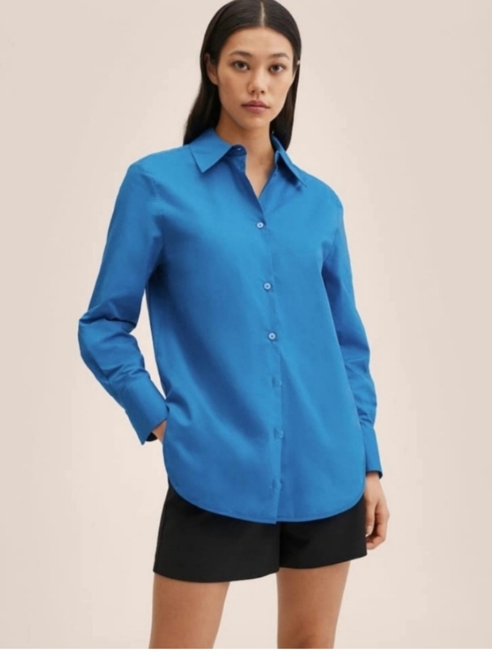 MANGO Classic Button-Down Cotton Poplin Shirt in Vibrant Blue size xs